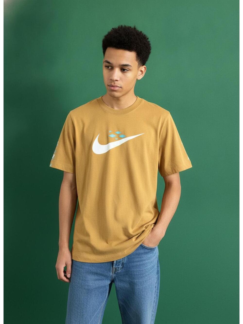 Nike Mustard Yellow Graphic Tee with White and Blue Logo Detail